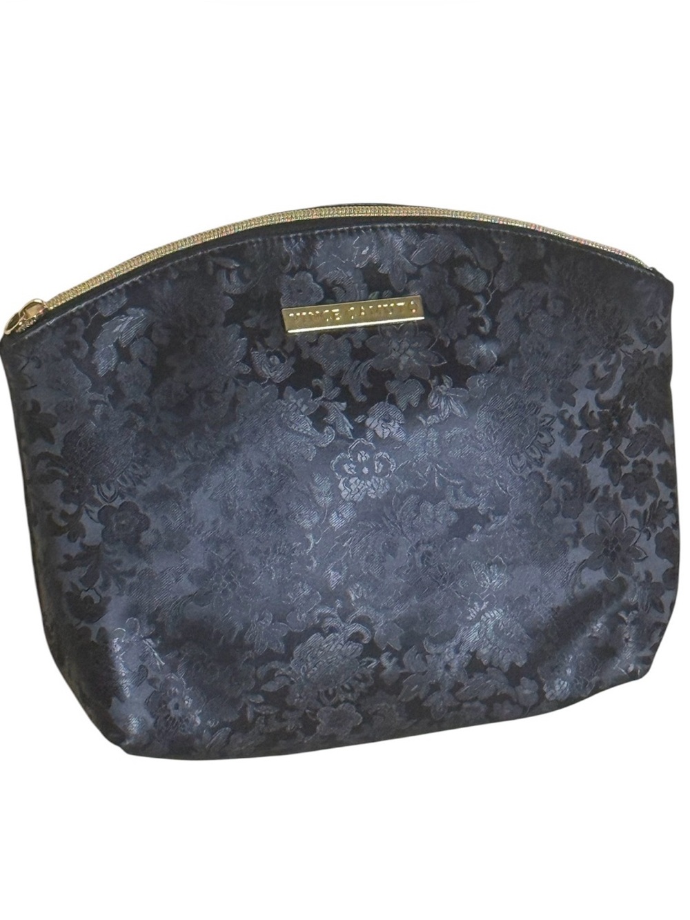 Vince Camuto Blue Floral Jacquard Cosmetic Pouch with Gold Hardware pocketinside